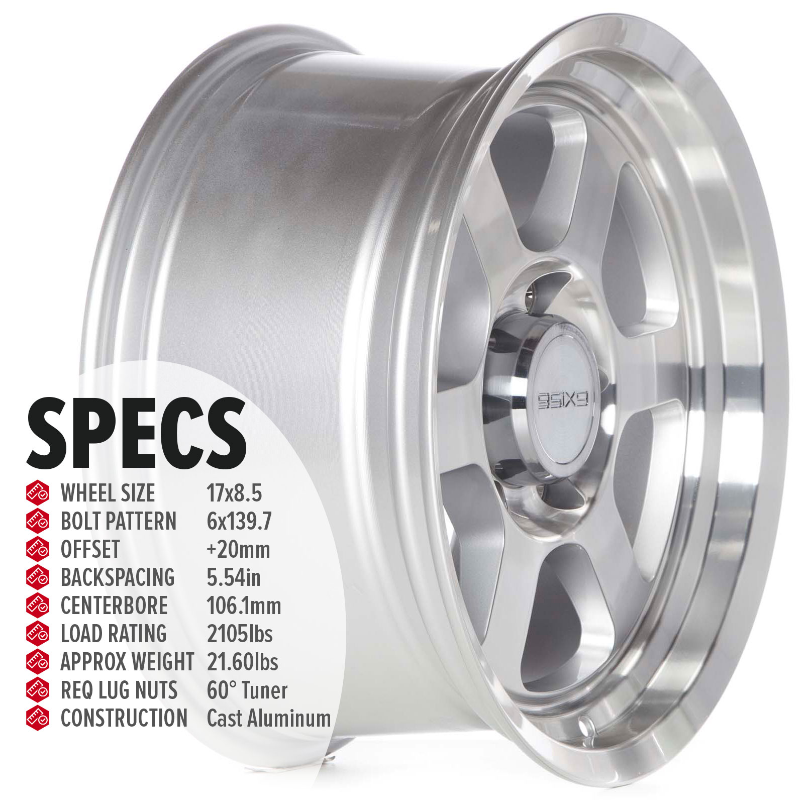 9SIX9 Wheels: SIX-1 Deep Truck 17x8.5 6x139.7 Machined Rims et20