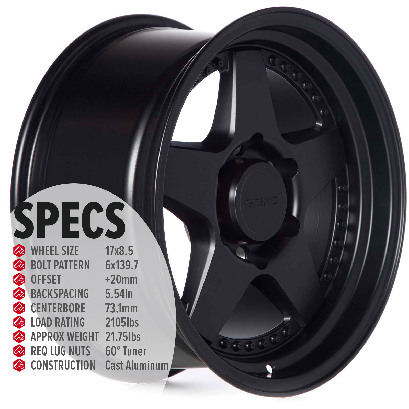 9SIX9 Wheels: FIVE-2 Deep 17x8.5 6x139.7 Matte Black Rims et20