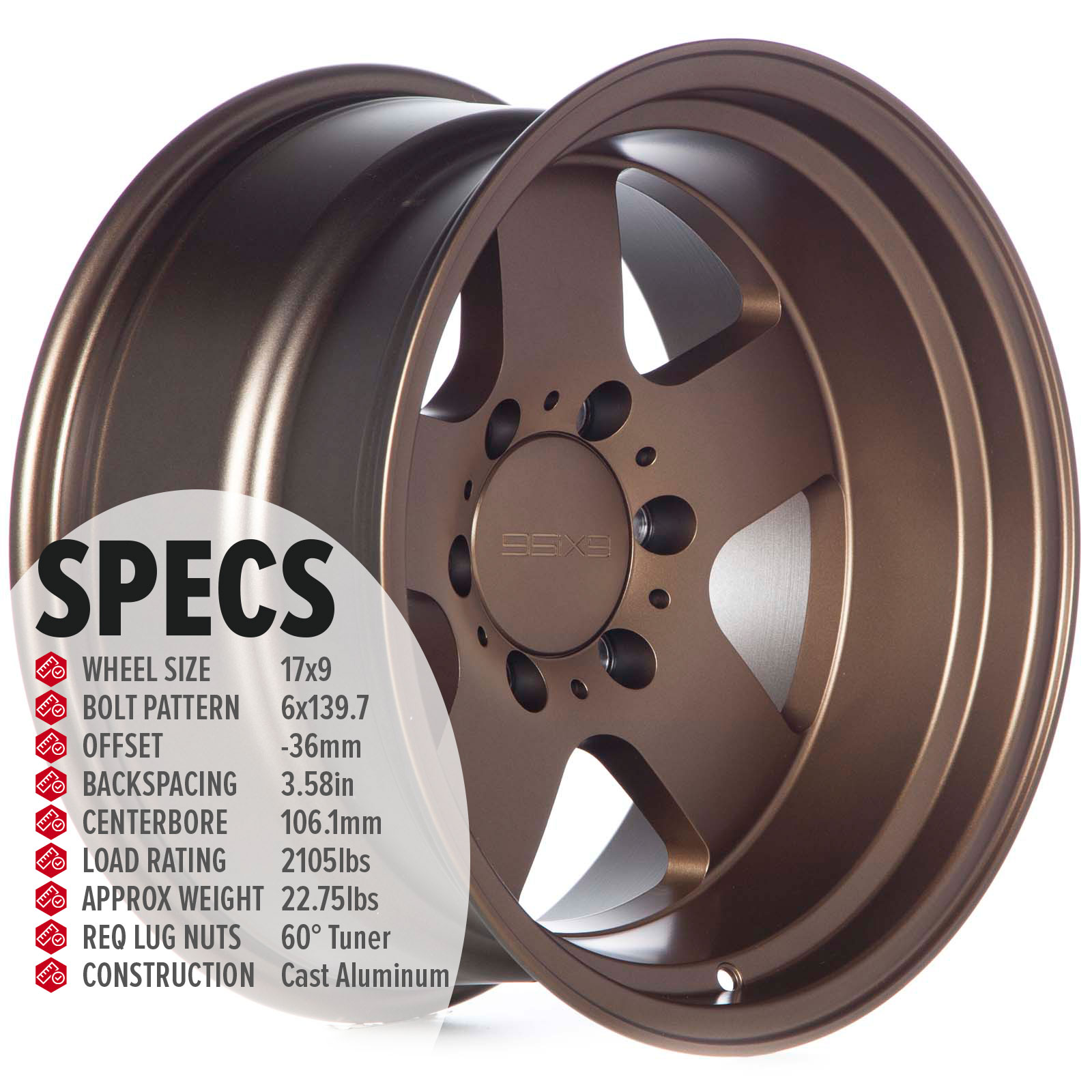 9SIX9 Wheels: FIVE-3 Deep 17x9 6x139.7 Matte Bronze Rims et-36